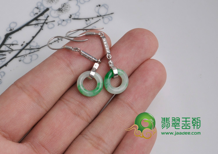 糯冰种飘翠缅甸翡翠纯银玉环耳坠