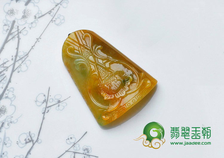 feicui糯冰种褐黄翡缅甸翡翠仿古花牌挂件