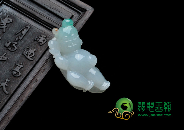 糯冰种三彩缅甸翡翠招财童子挂件
