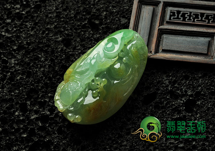 糯冰种绿晴水黄翡缅甸翡翠双喜临门挂件/手玩件