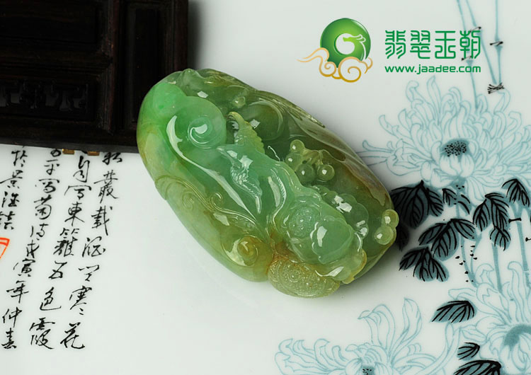 糯冰种绿晴水黄翡缅甸翡翠双喜临门挂件/手玩件