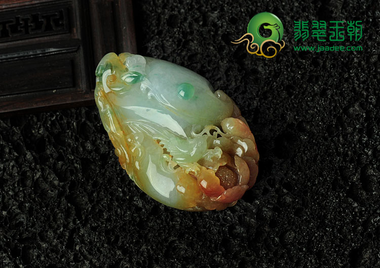 糯冰种黄翡飘花缅甸翡翠双喜临门挂件/手玩件