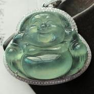 冰玻种晴水缅甸翡翠包白金玉佛挂件（真钻）