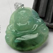 冰种飘花缅甸翡翠镶白金扣玉佛挂件
