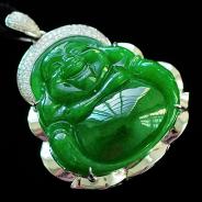 冰种菠菜绿缅甸翡翠包白金玉佛挂件（真钻）