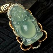 冰种淡晴水缅甸翡翠镶玫瑰金站佛挂件（水钻）
