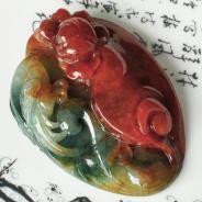 糯冰种红翡飘花缅甸翡翠富贵花开挂件
