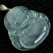 冰玻种淡晴水缅甸翡翠镶白金扣玉佛挂件