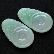 糯冰种春带彩缅甸翡翠双龙戏珠挂件（一对）