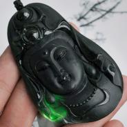 冰种墨翠缅甸翡翠观音头挂件