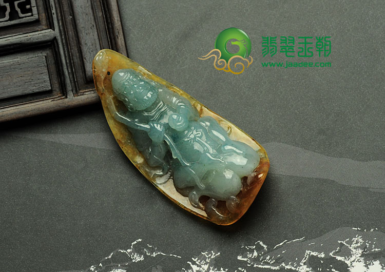 糯冰种黄翡飘花缅甸翡翠“达摩渡海”挂件