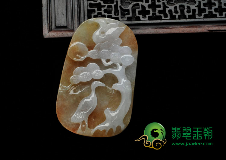 糯冰种褐黄翡缅甸翡翠松鹤延年挂件