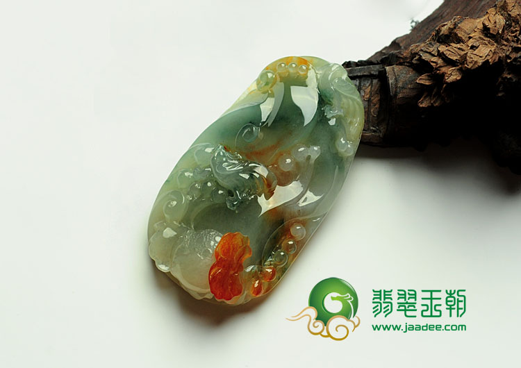 糯冰种红黄翡飘花缅甸翡翠三鹊报喜挂件
