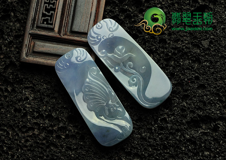 糯冰种紫罗兰缅甸翡翠蝶恋花挂件（一对）
