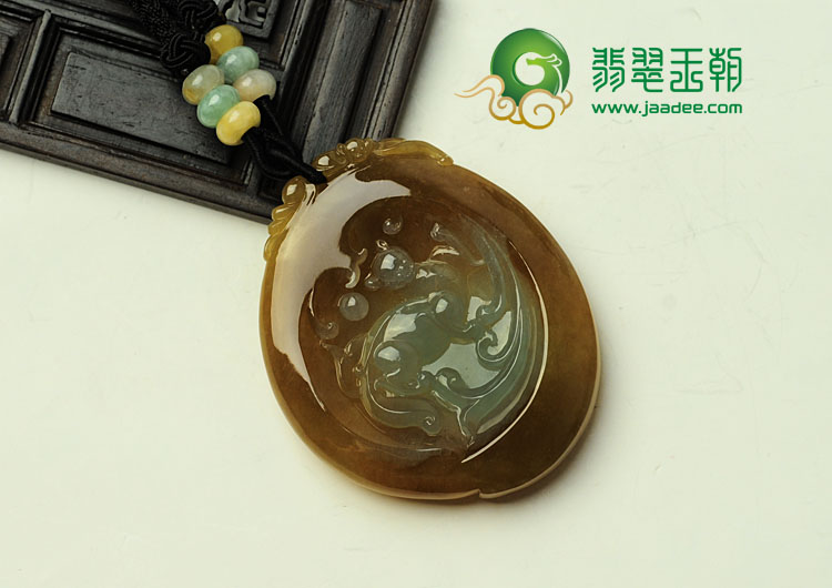冰种褐黄翡缅甸翡翠欢天喜地挂件