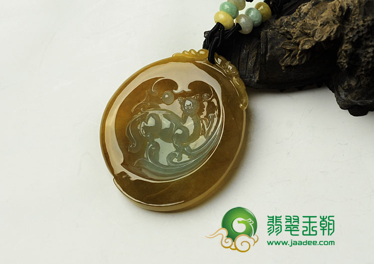 冰种褐黄翡缅甸翡翠欢天喜地挂件
