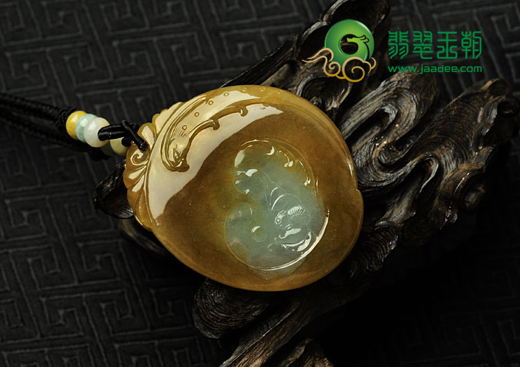 冰种褐黄翡缅甸翡翠欢天喜地挂件
