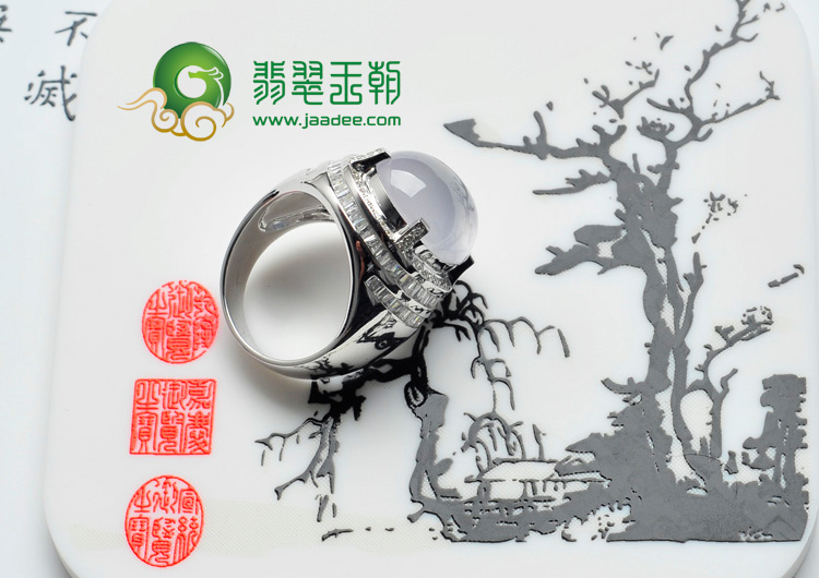 玻璃种缅甸翡翠莹光镶白金男戒（真钻）