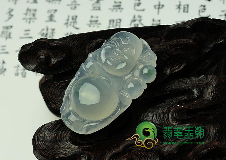 冰种略飘花缅甸翡翠逍遥佛挂件