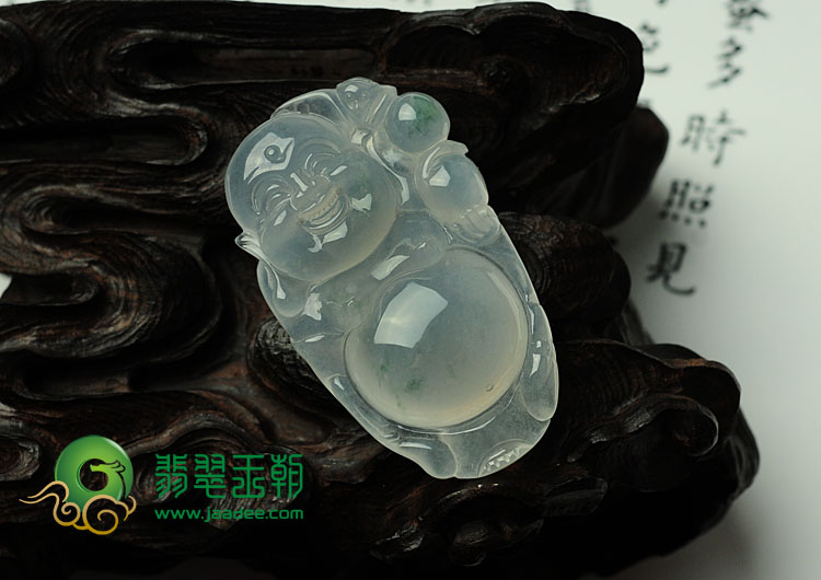 冰种略飘花缅甸翡翠逍遥佛挂件