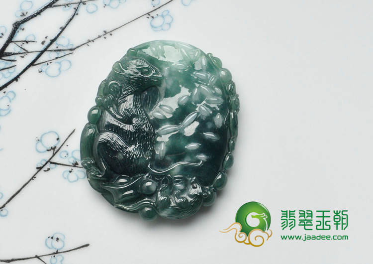 糯冰种油青缅甸翡翠老鼠爱大米挂件