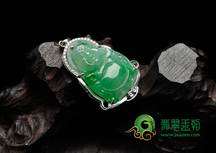 糯冰种苹果绿缅甸翡翠镶白金玉佛胸坠