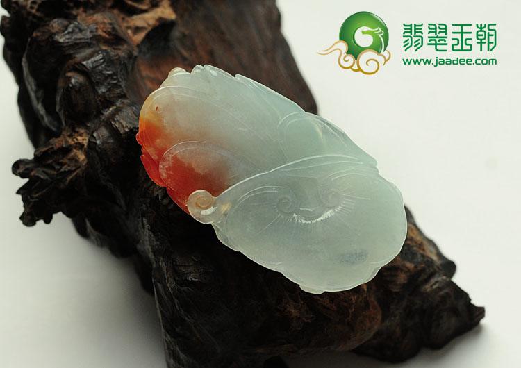 糯冰种红黄翡缅甸翡翠蝶恋花挂件