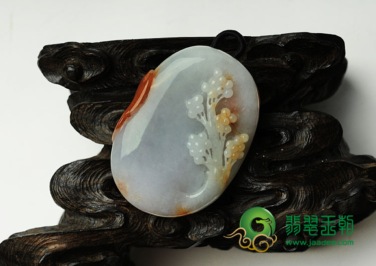 糯冰种红翡淡紫罗兰缅甸翡翠双喜临门挂件