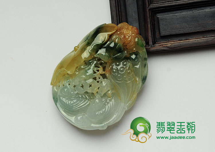 糯冰种黄翡飘花缅甸翡翠百年好合挂件