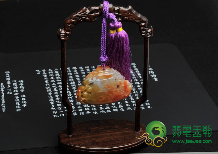 糯冰种红黄翡缅甸翡翠福临门挂件/手玩件