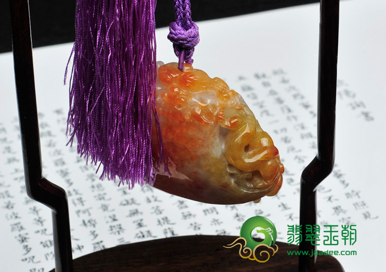 糯冰种红黄翡缅甸翡翠福临门挂件/手玩件