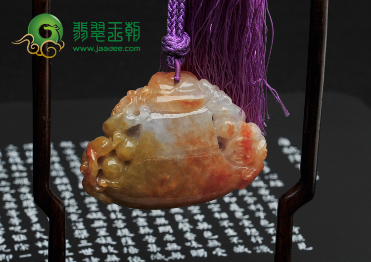 糯冰种红黄翡缅甸翡翠福临门挂件/手玩件