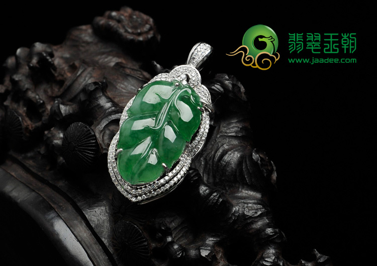 冰种菠菜绿缅甸翡翠包白金金枝玉叶胸坠（真钻）