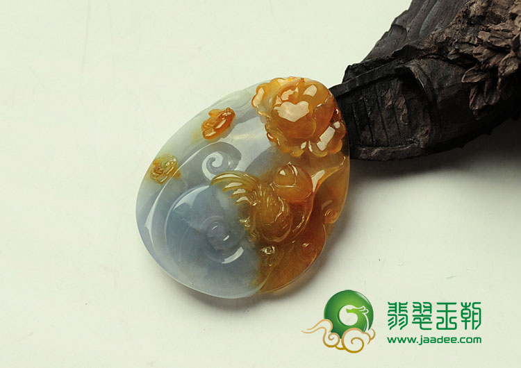 冰种黄翡紫罗兰缅甸翡翠富贵花开挂件