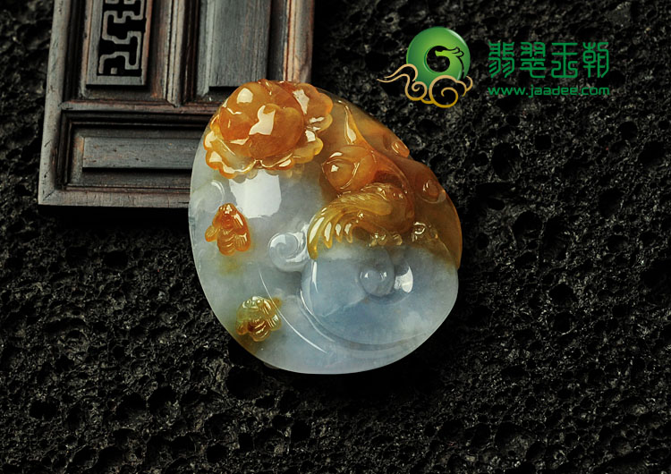 冰种黄翡紫罗兰缅甸翡翠富贵花开挂件