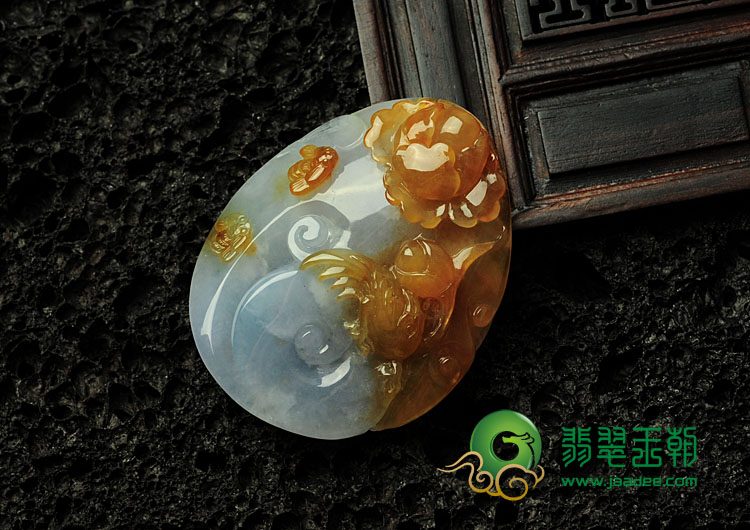 冰种黄翡紫罗兰缅甸翡翠富贵花开挂件