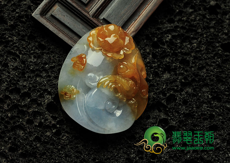 冰种黄翡紫罗兰缅甸翡翠富贵花开挂件