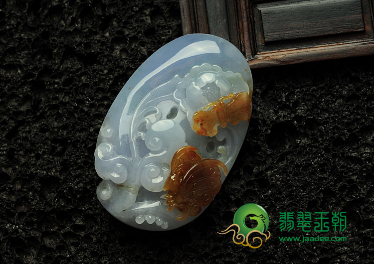 糯冰种紫罗兰黄翡缅甸翡翠蝶恋花挂件