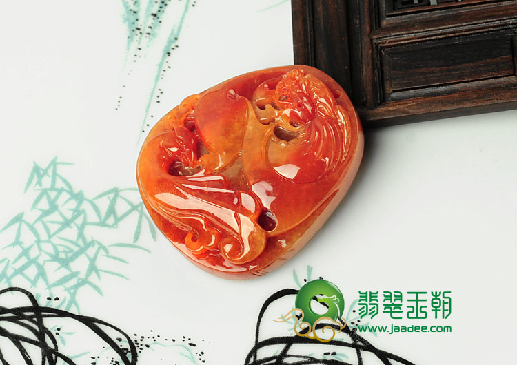 糯冰种红黄翡缅甸翡翠龙凤呈祥挂件