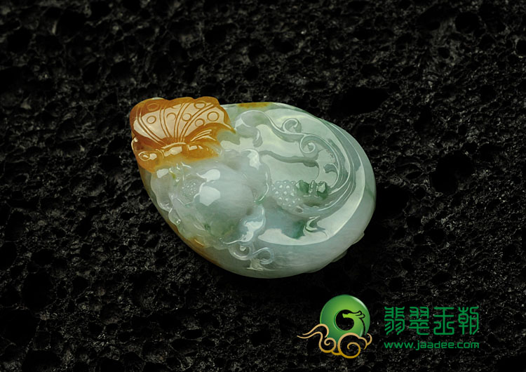 糯冰种黄翡飘花缅甸翡翠蝶恋花挂件