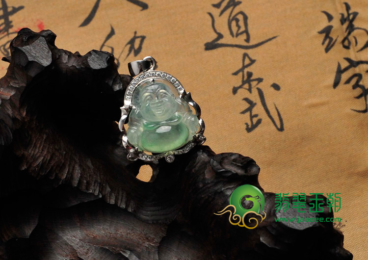 冰种晴水缅甸翡翠包白金玉佛胸坠(真钻)