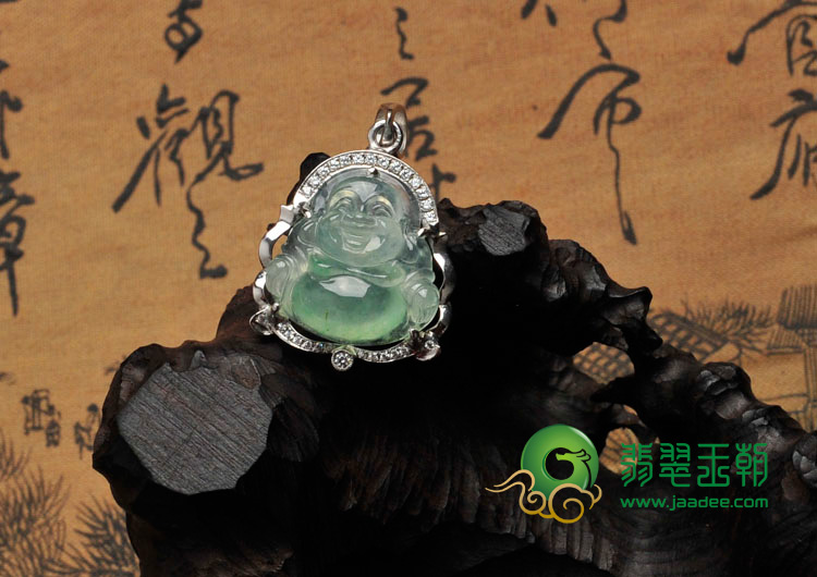 冰种晴水缅甸翡翠包白金玉佛胸坠(真钻)