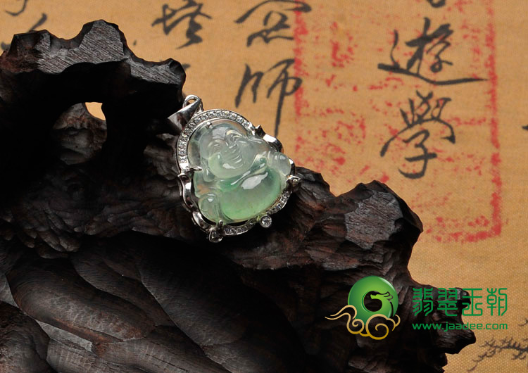 冰种晴水缅甸翡翠包白金玉佛胸坠(真钻)