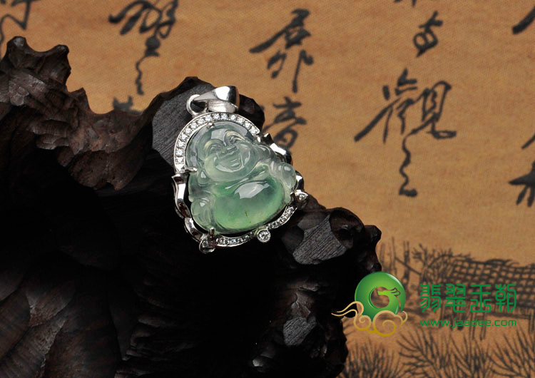冰种晴水缅甸翡翠包白金玉佛胸坠(真钻)