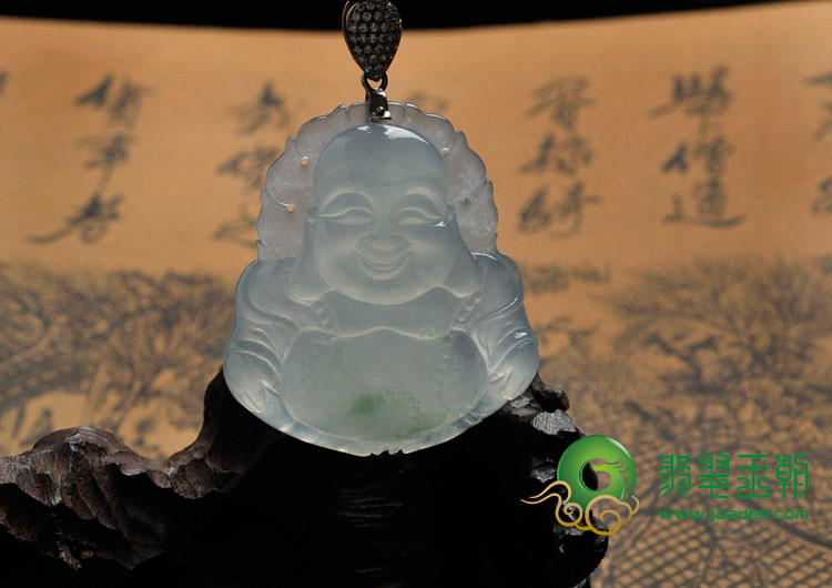 冰种晴水略飘花缅甸翡翠玉佛挂件