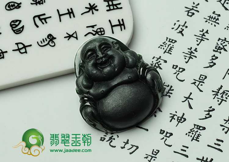 糯冰种墨翠缅甸翡翠玉佛挂件