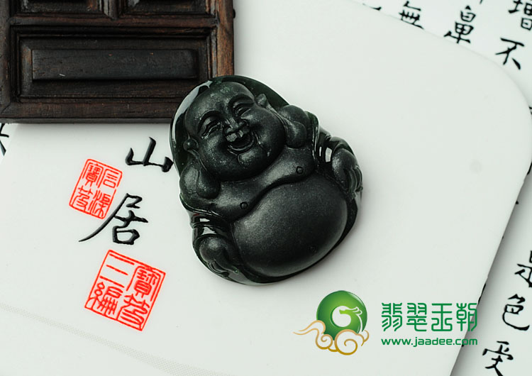 糯冰种墨翠缅甸翡翠玉佛挂件