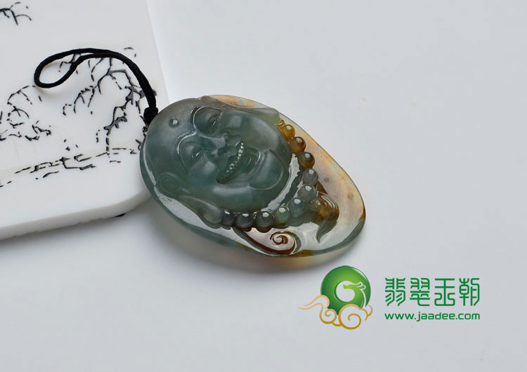 冰种青色带褐黄翡缅甸翡翠笑佛头挂件