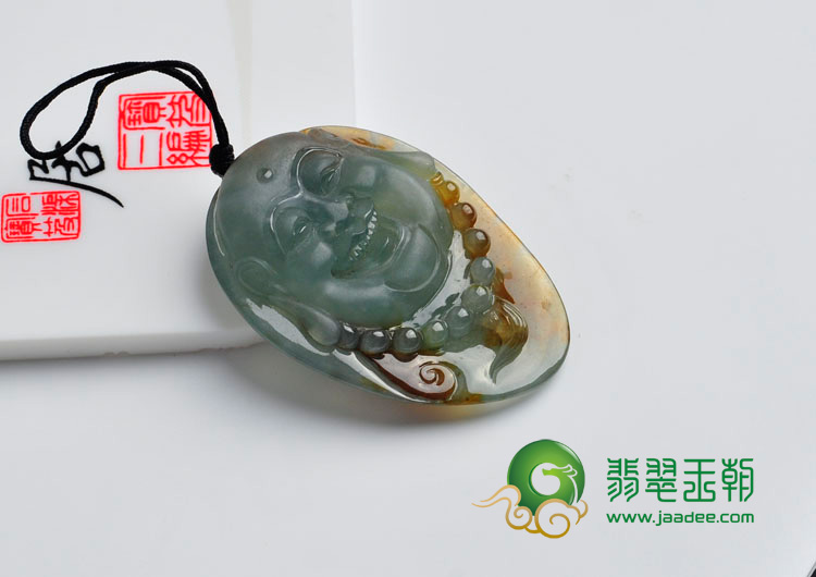 冰种青色带褐黄翡缅甸翡翠笑佛头挂件