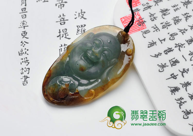 冰种青色带褐黄翡缅甸翡翠笑佛头挂件